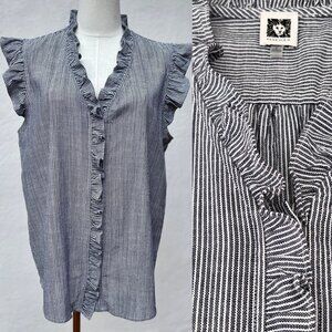 Anne Klein Sleeveless Ruffled Button Up Blouse Grey & White Pinstripes Sz Large